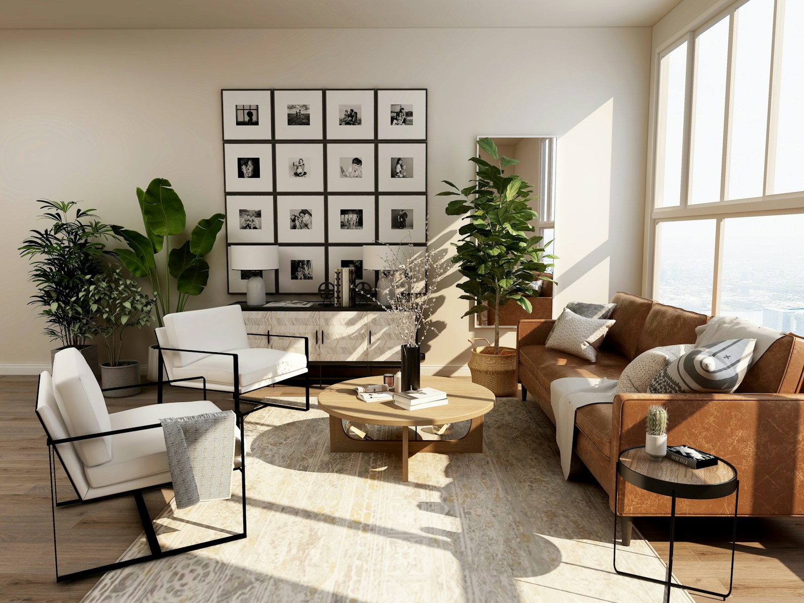 A warm room with an arrangement of chairs, art and plants